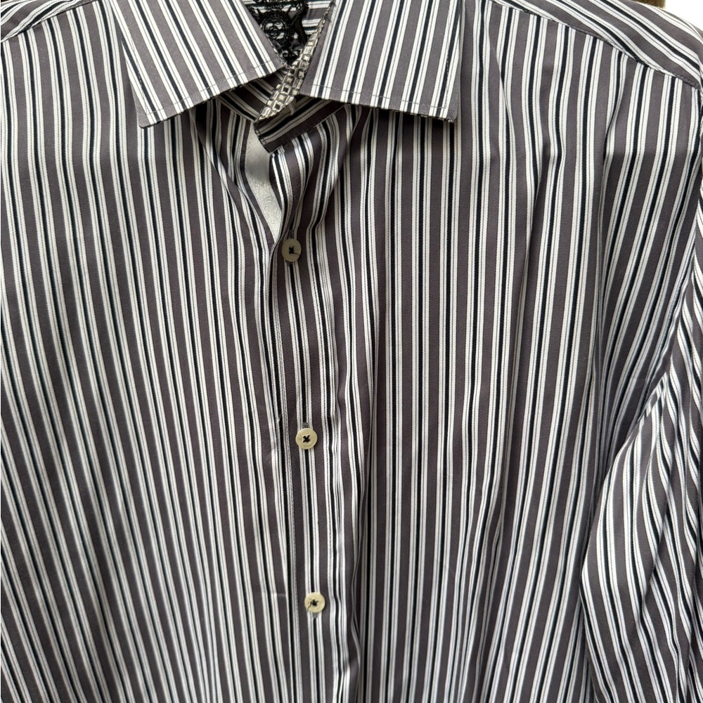 Men's Grey Black and White Vertical Stripe Dress Shirt
